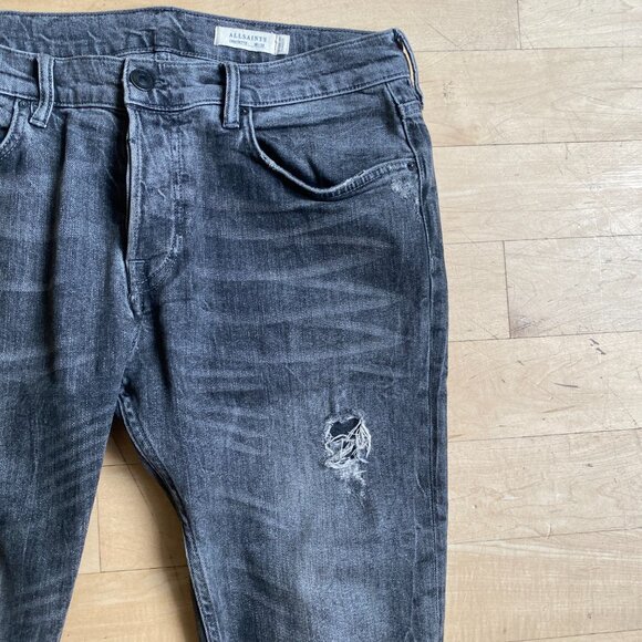 All Saints mens jeans "Cigarette" sz 33 gray wash button fly distressed - Picture 2 of 7